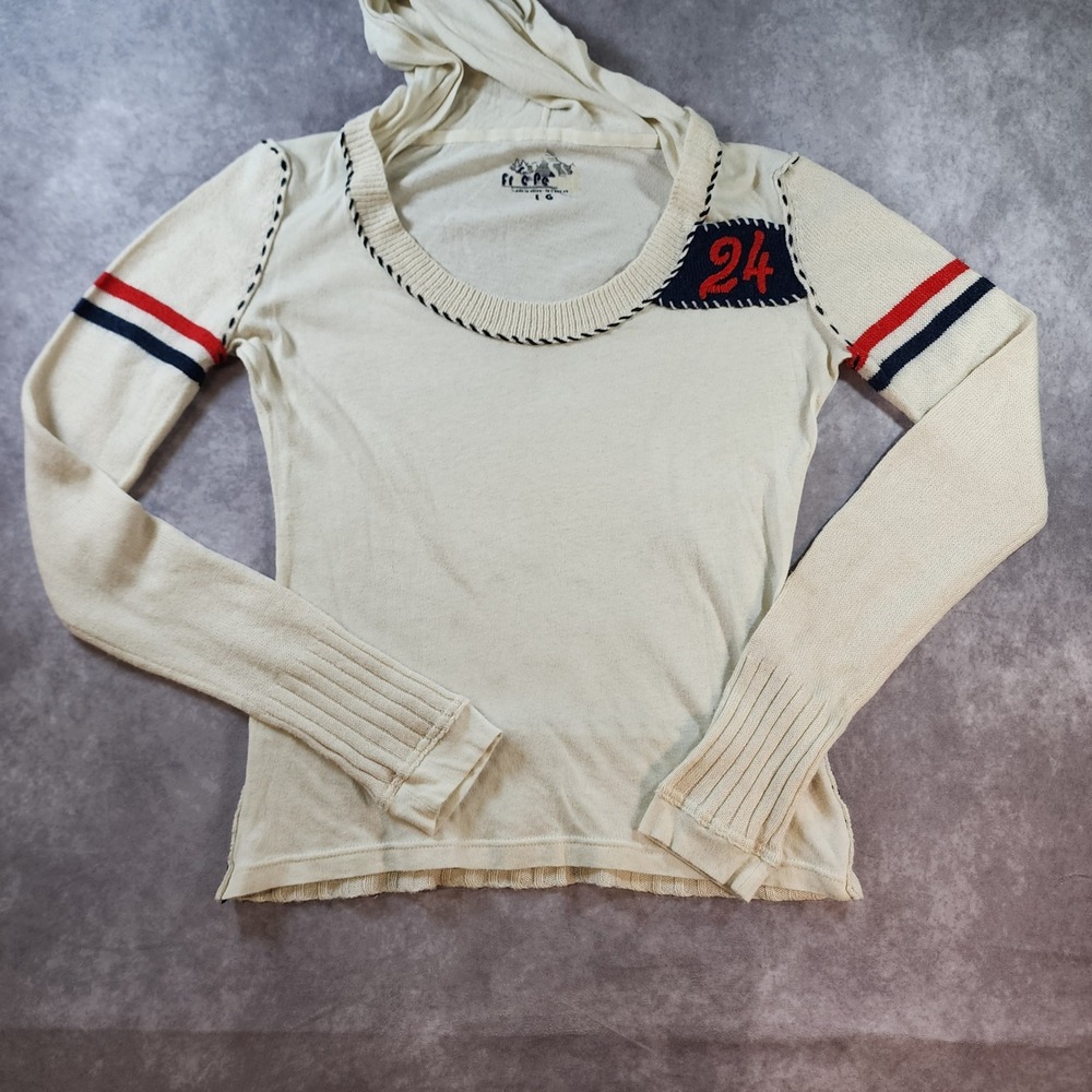 Free People Women Large Cream Hooded Sweater Scoop Neck Stripe Sleeve Patch 24